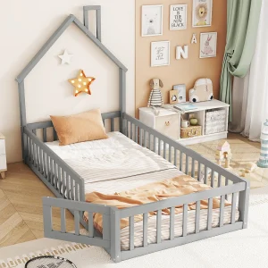 Huisbed 90×200 cm in grijs grenen met lattenbodem, schoorsteenontwerp, minimalistische huisstijl voor kinderen Huisbed 90×200 cm in grijs grenen met lattenbodem, schoorsteenontwerp, minimalistische huisstijl voor kinderen