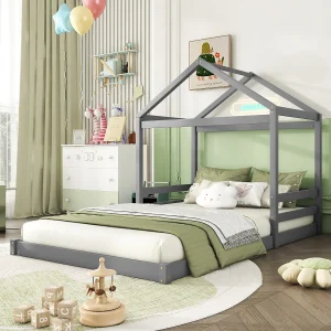 Huisbed 140×200 cm in grijs grenen met lattenbodem, minimalistische stijl voor kinderen, open huisontwerp Huisbed 140×200 cm in grijs grenen met lattenbodem, minimalistische stijl voor kinderen, open huisontwerp