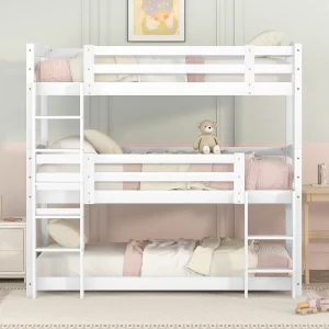 Houten stapelbed 90×200 cm voor kinderen, drie lagen, zonder matras, compacte en veilige constructie, Wit Houten stapelbed 90×200 cm voor kinderen, drie lagen, zonder matras, compacte en veilige constructie, Wit