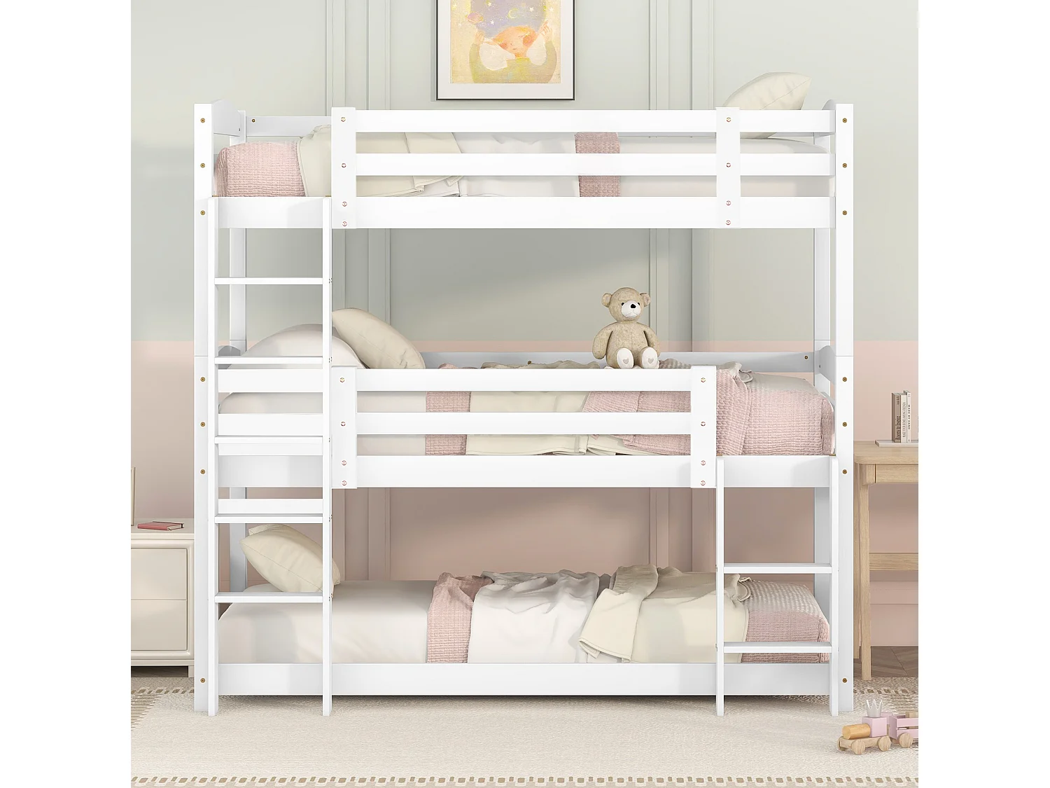 Houten stapelbed 90x200 cm voor kinderen, drie lagen, zonder matras, compacte en veilige constructie, Wit