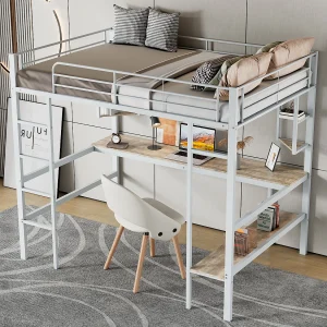 Hoogslaper 90×200 cm wit van metaal met bureau en 5 planken, praktisch ontwerp voor jongeren en volwassenen Hoogslaper 90×200 cm wit van metaal met bureau en 5 planken, praktisch ontwerp voor jongeren en volwassenen