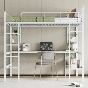 Hoogslaper 140×200 cm wit van metaal met bureau en opbergruimte, zonder matras, ideaal voor jongeren en volwassenen