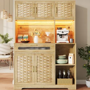 Hoge keukenkast 120x40x180cm – 5 deuren + 1 lade – LED – Hoge kast – Multifunctioneel buffet – Rotan decoratie – Natuur