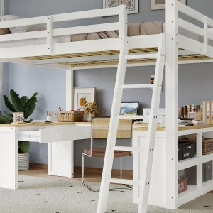 Hoogslaper 140×200 cm – Met 2 lades en opbergplank – Met U-vormig bureau – Massief hout + MDF – Wit + Natuur (zonder matras) Hoogslaper 140×200 cm – Met 2 lades en opbergplank – Met U-vormig bureau – Massief hout + MDF – Wit + Natuur (zonder matras)