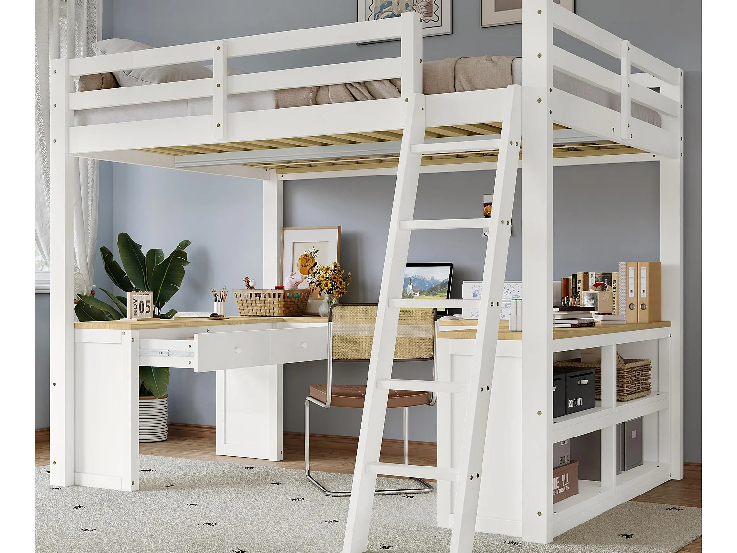 Hoogslaper 140x200 cm - Met 2 lades en opbergplank - Met U-vormig bureau - Massief hout + MDF - Wit + Natuur (zonder matras)