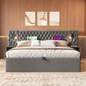 Hydraulisch bed 180 x 200 cm, met nachtkastje, leeslampje, USB-oplaadfunctie, grijs Hydraulisch bed 180 x 200 cm, met nachtkastje, leeslampje, USB-oplaadfunctie, grijs