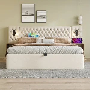 Hydraulisch bed 180 x 200 cm, met nachtkastje, leeslampje, USB-oplaadfunctie, beige Hydraulisch bed 180 x 200 cm, met nachtkastje, leeslampje, USB-oplaadfunctie, beige