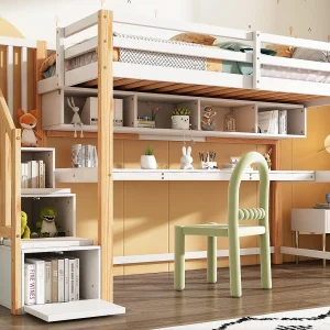 Houten tussenbed 90x200cm – met opbergtrap + bureau + lattenbodem – Wit & Naturel Houten tussenbed 90x200cm – met opbergtrap + bureau + lattenbodem – Wit & Naturel
