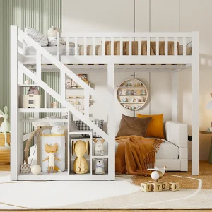 Hoogslaper 140 x 200 cm, Multifunctioneel kinderbed met opbergruimte, trap, wit Hoogslaper 140 x 200 cm, Multifunctioneel kinderbed met opbergruimte, trap, wit
