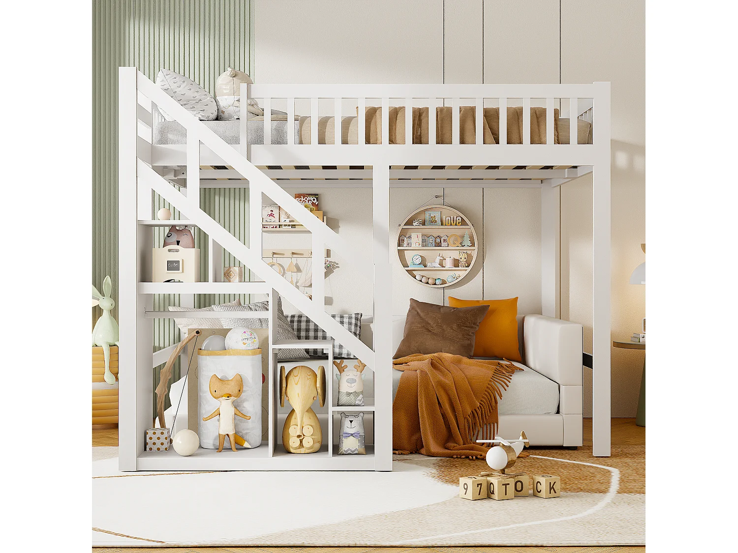 Hoogslaper 140 x 200 cm, Multifunctioneel kinderbed met opbergruimte, trap, wit