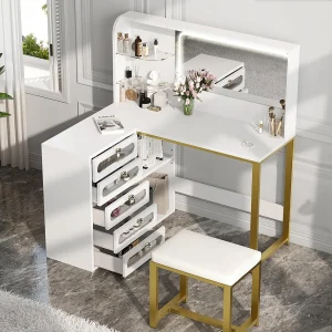 Kaptafel met kruk, HD-spiegel en verstelbare ledverlichting, stopcontact, 5 lades, wit Kaptafel met kruk, HD-spiegel en verstelbare ledverlichting, stopcontact, 5 lades, wit