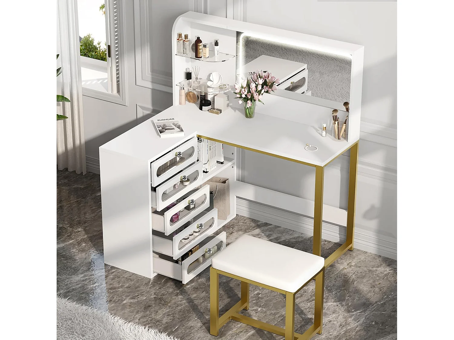Kaptafel met kruk, HD-spiegel en verstelbare ledverlichting, stopcontact, 5 lades, wit