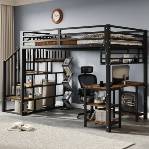 Hoogslaper van ijzer – 120 x 200 cm – met opbergtrap + bureau en plank – ijzer + spaanplaat – zwart Hoogslaper van ijzer – 120 x 200 cm – met opbergtrap + bureau en plank – ijzer + spaanplaat – zwart