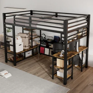 Hoogslaper van ijzer – 120 x 200 cm – met bureau + opbergruimte – lattenbodem – ijzer + spaanplaat – zwart Hoogslaper van ijzer – 120 x 200 cm – met bureau + opbergruimte – lattenbodem – ijzer + spaanplaat – zwart