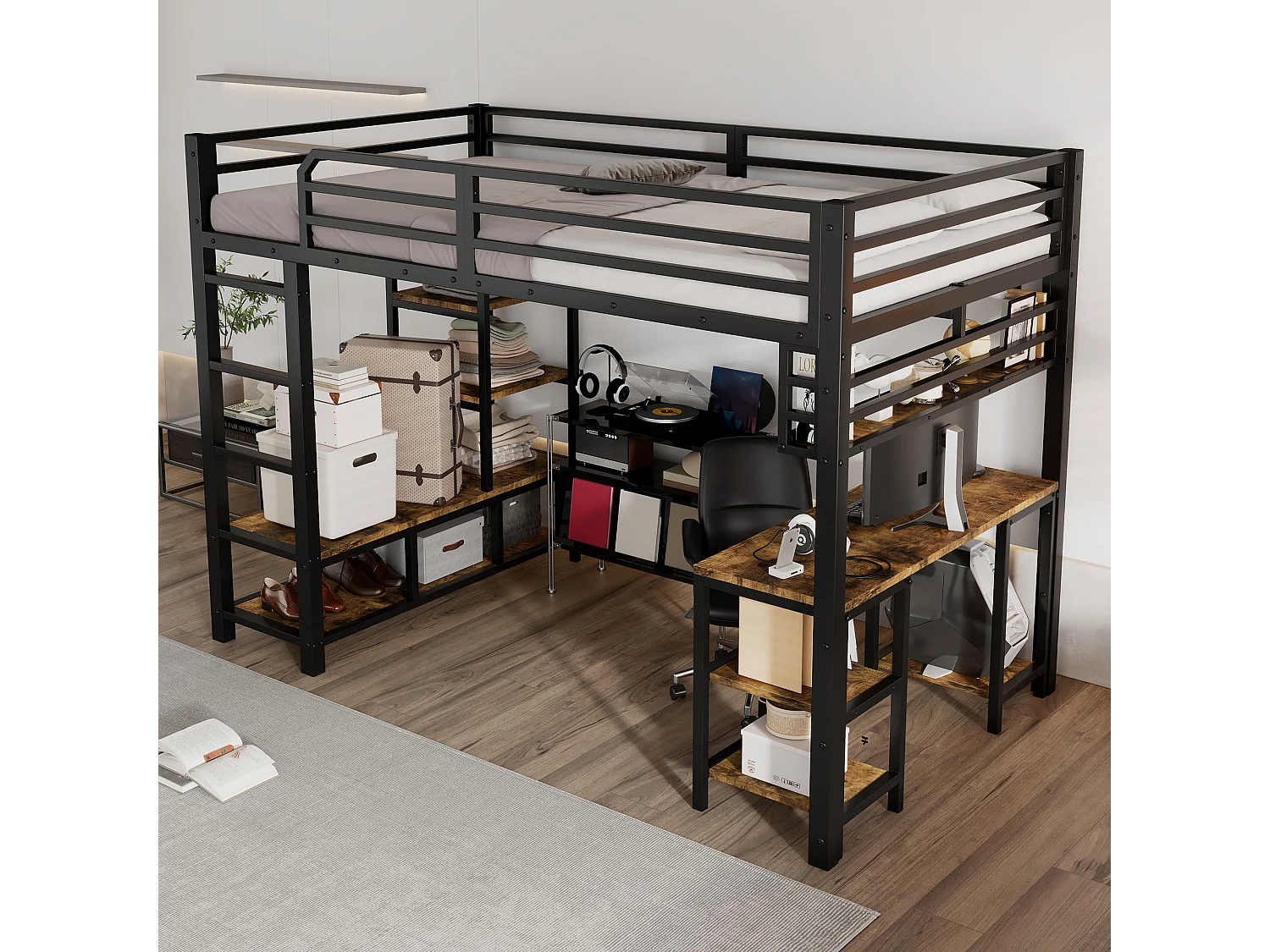 Hoogslaper van ijzer - 120 x 200 cm - met bureau + opbergruimte - lattenbodem - ijzer + spaanplaat - zwart
