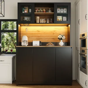 Hoge keukenkast – 120 x 40 x 180 cm – met acryldeuren + LED's – MDF + metaal – zwart Hoge keukenkast – 120 x 40 x 180 cm – met acryldeuren + LED's – MDF + metaal – zwart