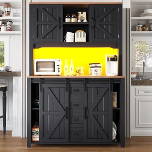 Hoge keukenkast – 115 x 40 x 174,7 cm – met schuifdeuren + lades + LED's – MDF + metaal – zwart Hoge keukenkast – 115 x 40 x 174,7 cm – met schuifdeuren + lades + LED's – MDF + metaal – zwart