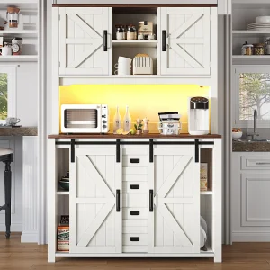 Hoge keukenkast – 115 x 40 x 174,7 cm – met schuifdeuren + lades + LED's – MDF + metaal – wit Hoge keukenkast – 115 x 40 x 174,7 cm – met schuifdeuren + lades + LED's – MDF + metaal – wit