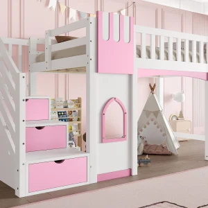 Hoogslaper 90×200 cm – Met opbergtrap – Met decoratieve ramen – Met veiligheidshek – MDF – Wit + Roze Hoogslaper 90×200 cm – Met opbergtrap – Met decoratieve ramen – Met veiligheidshek – MDF – Wit + Roze