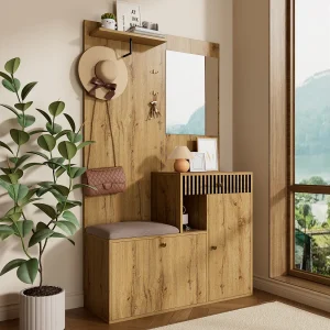 Houten kapstok met spiegel – 1 lade en 2 deuren kast – met kussens en haken Houten kapstok met spiegel – 1 lade en 2 deuren kast – met kussens en haken