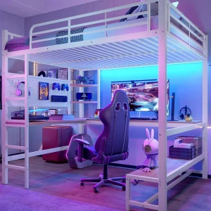 Hoogslaper 140x200cm – met bureau + veiligheidshek – met USB- + Type-C-poorten – met LED-lichtstrip – wit Hoogslaper 140x200cm – met bureau + veiligheidshek – met USB- + Type-C-poorten – met LED-lichtstrip – wit