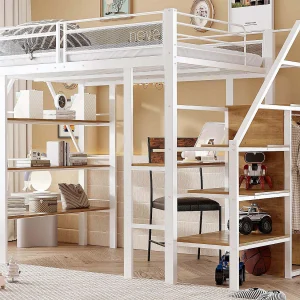Hoogslaper van metaal 140x200cm – met een bureau en opbergvakken – Wit Hoogslaper van metaal 140x200cm – met een bureau en opbergvakken – Wit