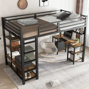 Hoogslaper 120x200cm in zwart en donker notenhout met bureau en plank, metaal + spaanplaat Hoogslaper 120x200cm in zwart en donker notenhout met bureau en plank, metaal + spaanplaat