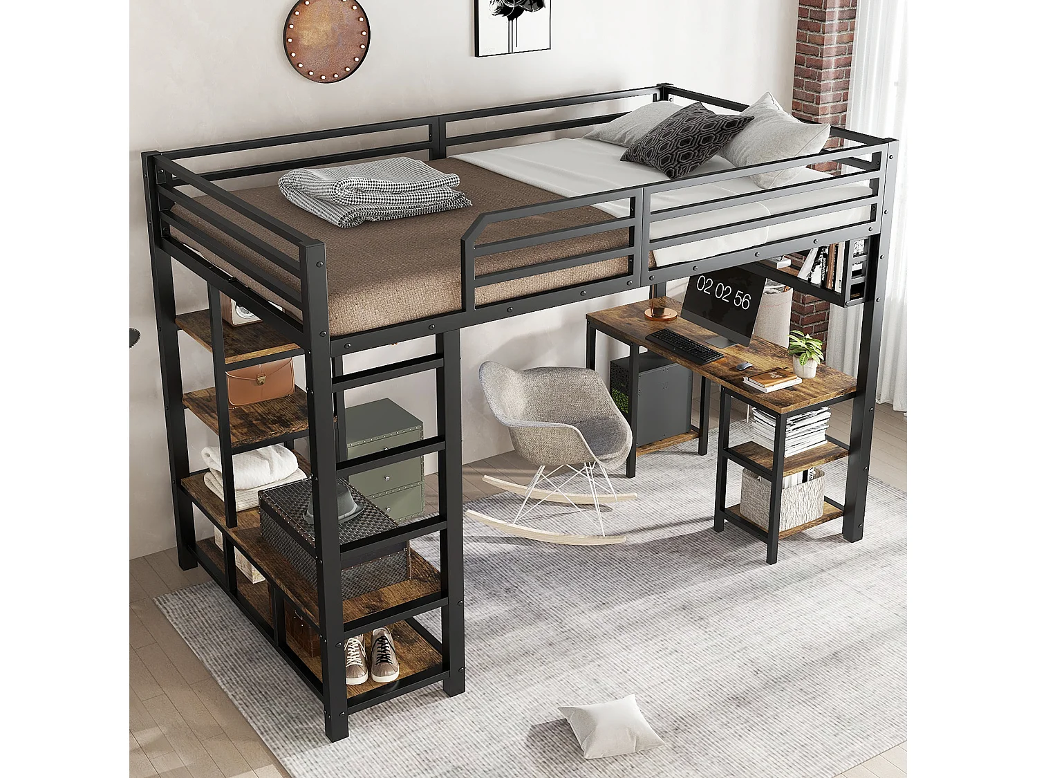 Hoogslaper 120x200cm in zwart en donker notenhout met bureau en plank, metaal + spaanplaat