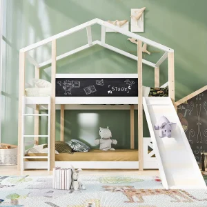 Hoogslaper kinderbed 90×200 cm van massief grenenhout/MDF, wit, met glijbaan en ladder Hoogslaper kinderbed 90×200 cm van massief grenenhout/MDF, wit, met glijbaan en ladder