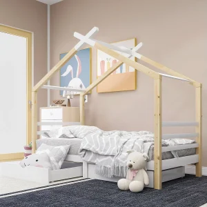 Huisbed kind 90×200 cm van massief grenenhout en MDF, wit met lade en lattenbodem