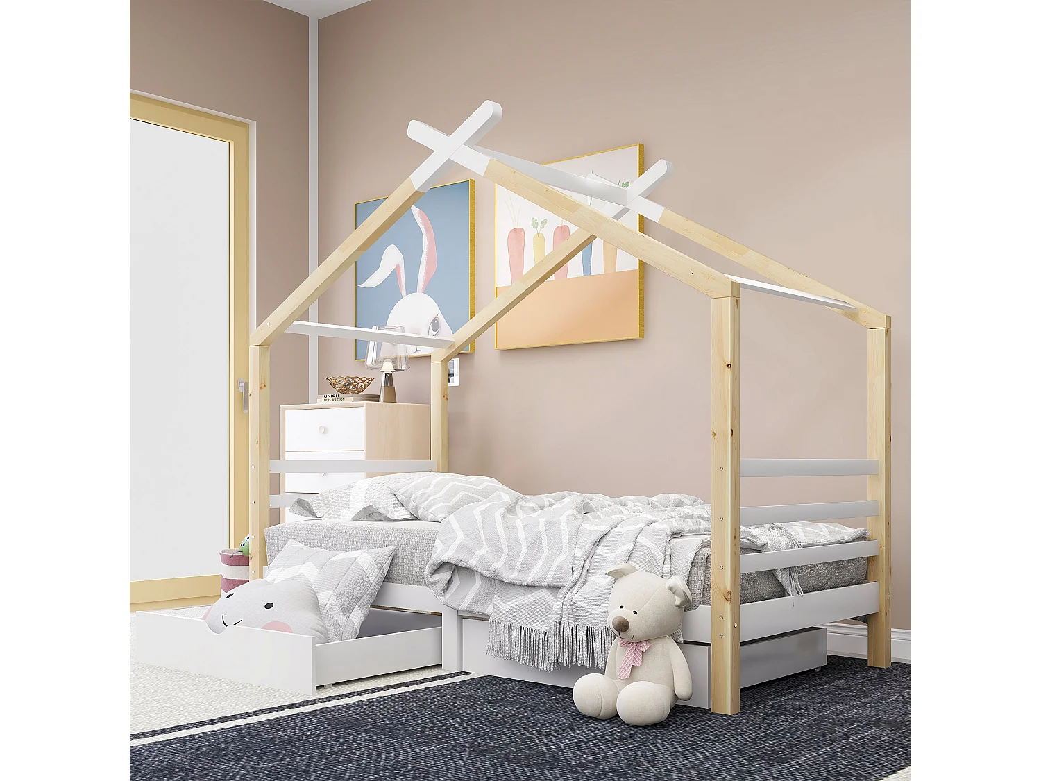 Huisbed kind 90x200 cm van massief grenenhout en MDF, wit met lade en lattenbodem