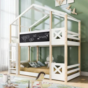 Hoogslaper kinderbed 90×200 cm van massief grenenhout/MDF, wit, met ladder en schoolbord Hoogslaper kinderbed 90×200 cm van massief grenenhout/MDF, wit, met ladder en schoolbord