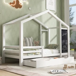 Huisbed kind 90×200 cm van massief grenenhout, wit, met krijtbord en 2 lades