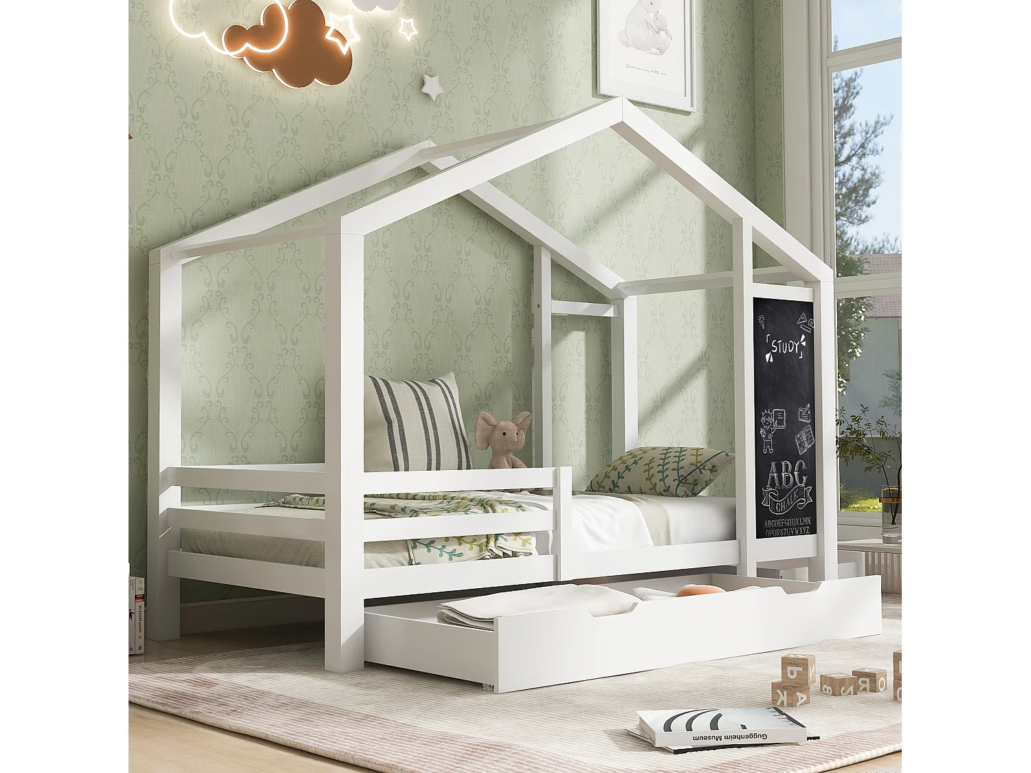 Huisbed kind 90x200 cm van massief grenenhout, wit, met krijtbord en 2 lades