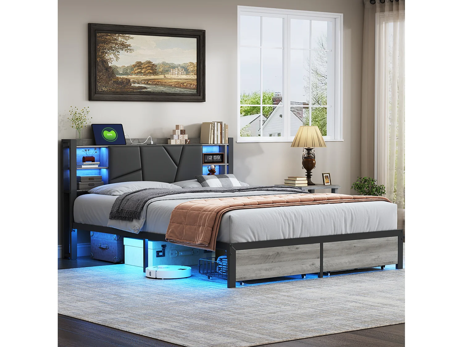 IJzeren houten bed 140*200 hoofdeinde bed met lamp met tweepersoonsbed eindladen oplader