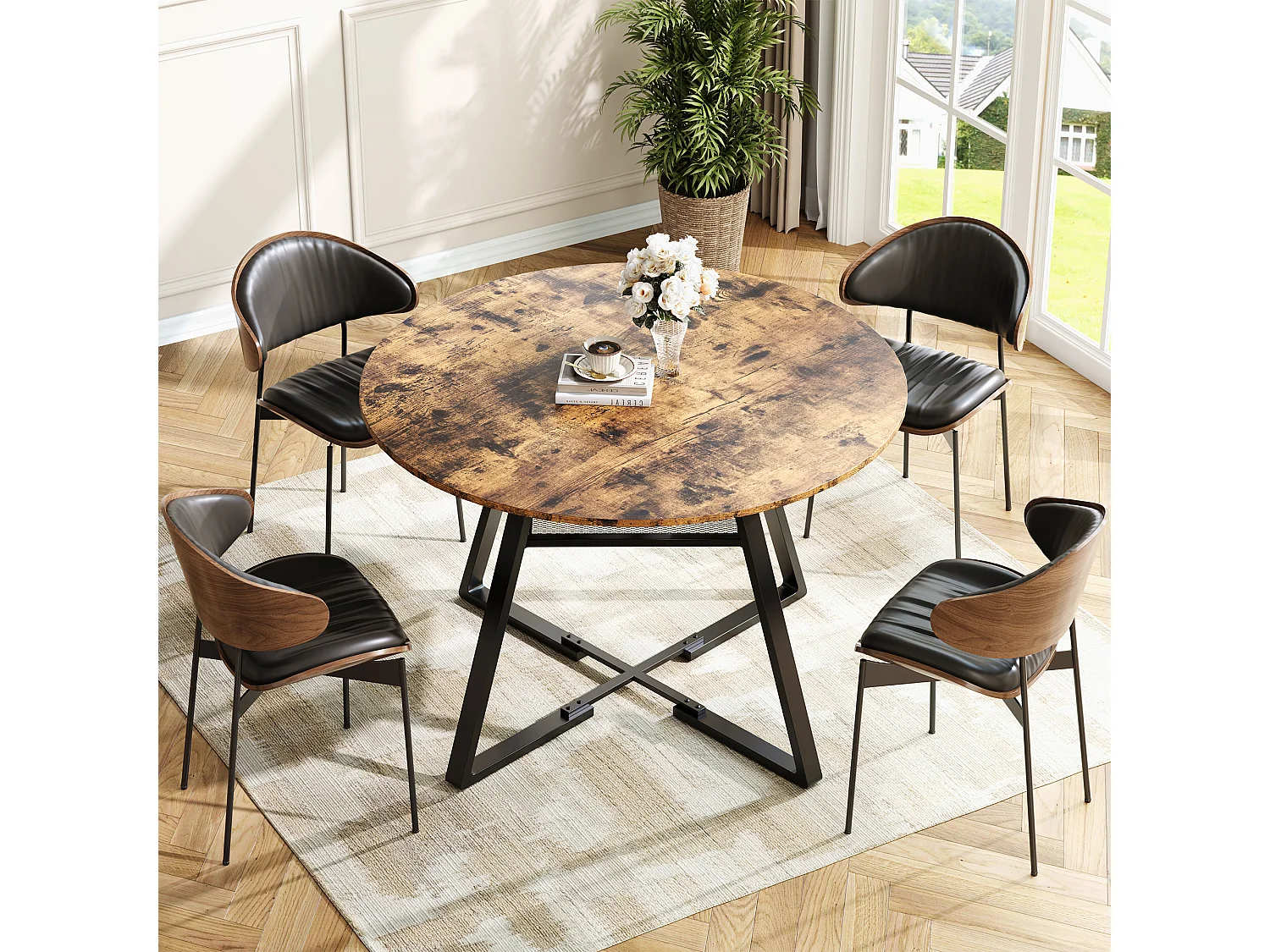 Industriële ronde eettafel 120 cm - vintage stijl met opbergplank, 4-6 personen, keuken en eetkamer