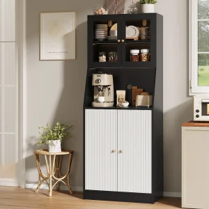Hoge Dressoir, met werkblad en 4 opbergvakken, met LED, 40 X 70 X 180 Cm, Zwart