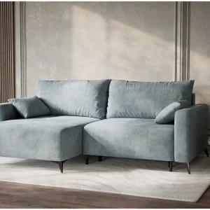 Hoekslaapbank met hoek links in chenille stof lichtblauw LEON Hoekslaapbank met hoek links in chenille stof lichtblauw LEON