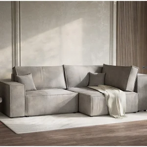 Hoekslaapbank met hoek rechts in chenille stof beige grijs TONGA