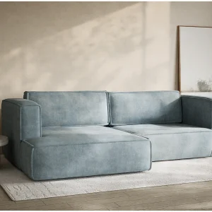 Hoekslaapbank met hoek links in chenille stof lichtblauw VELTO Hoekslaapbank met hoek links in chenille stof lichtblauw VELTO