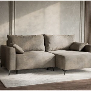 Hoekslaapbank met hoek rechts in chenille stof taupe LEON Hoekslaapbank met hoek rechts in chenille stof taupe LEON