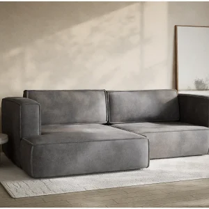 Hoekslaapbank met hoek links in chenille stof grijs VELTO Hoekslaapbank met hoek links in chenille stof grijs VELTO