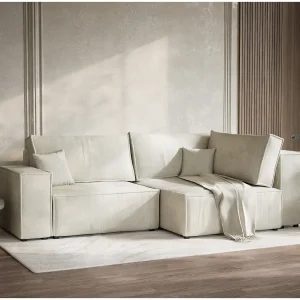 Hoekslaapbank met hoek rechts in chenille stof creme TONGA Hoekslaapbank met hoek rechts in chenille stof creme TONGA