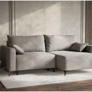Hoekslaapbank met hoek rechts in chenille stof beige grijs LEON
