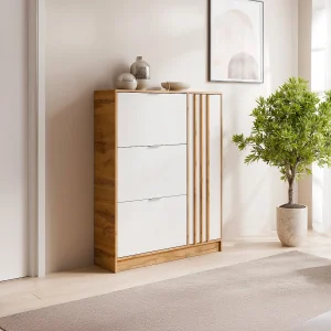 Schoenenkast met 1 deur en 3 klapvakken – Naturel en Wit – JANAKIA Schoenenkast met 1 deur en 3 klapvakken – Naturel en Wit – JANAKIA