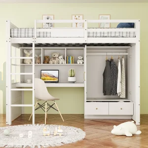 Hoogslaper 90×200 cm van hout, wit, met ladder, bureau en kledingkast met lades