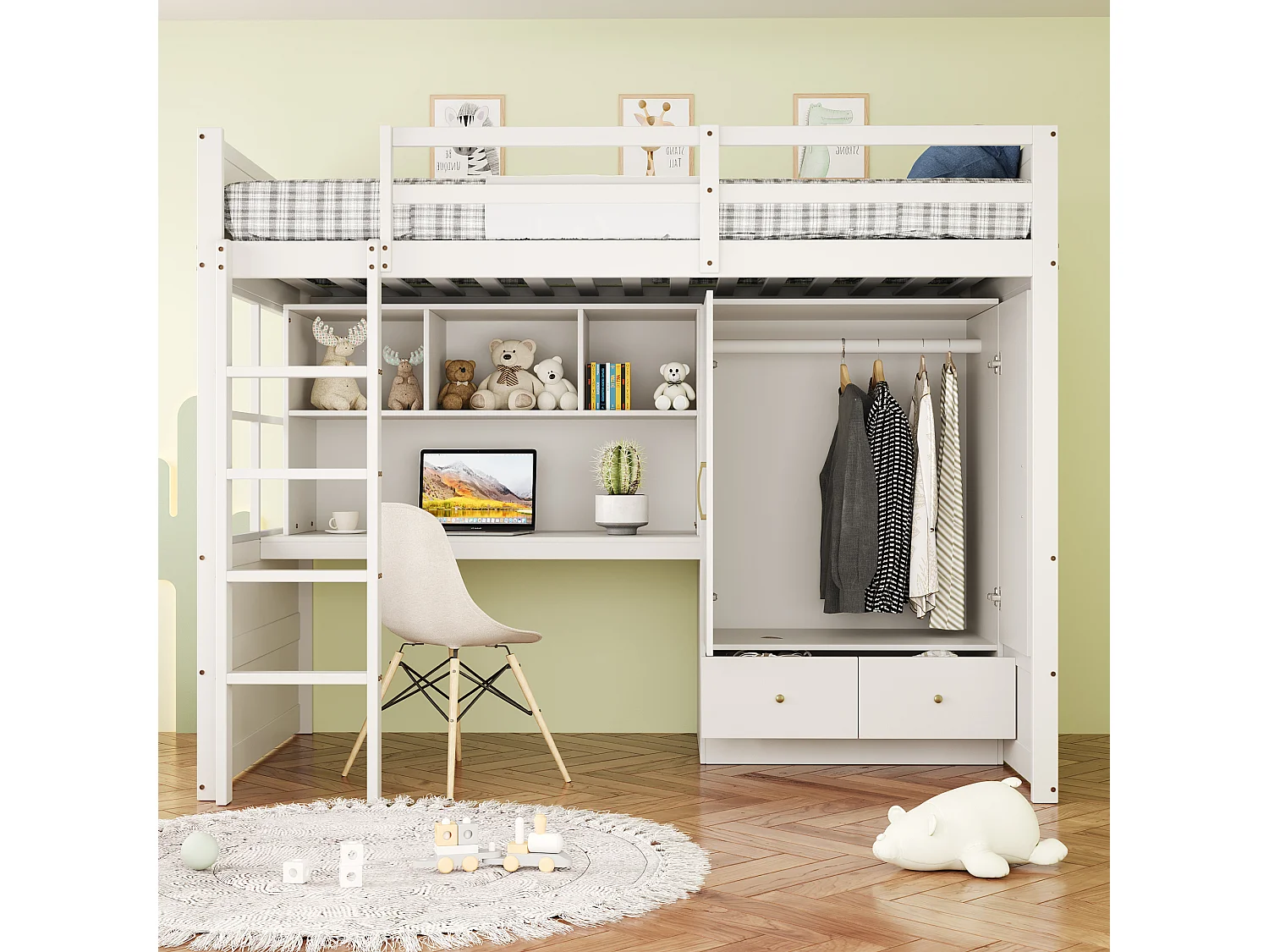 Hoogslaper 90x200 cm van hout, wit, met ladder, bureau en kledingkast met lades