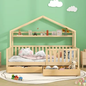 Huisbed 90×200 cm van massief grenenhout met 2 lades en lattenbodem, naturel Huisbed 90×200 cm van massief grenenhout met 2 lades en lattenbodem, naturel
