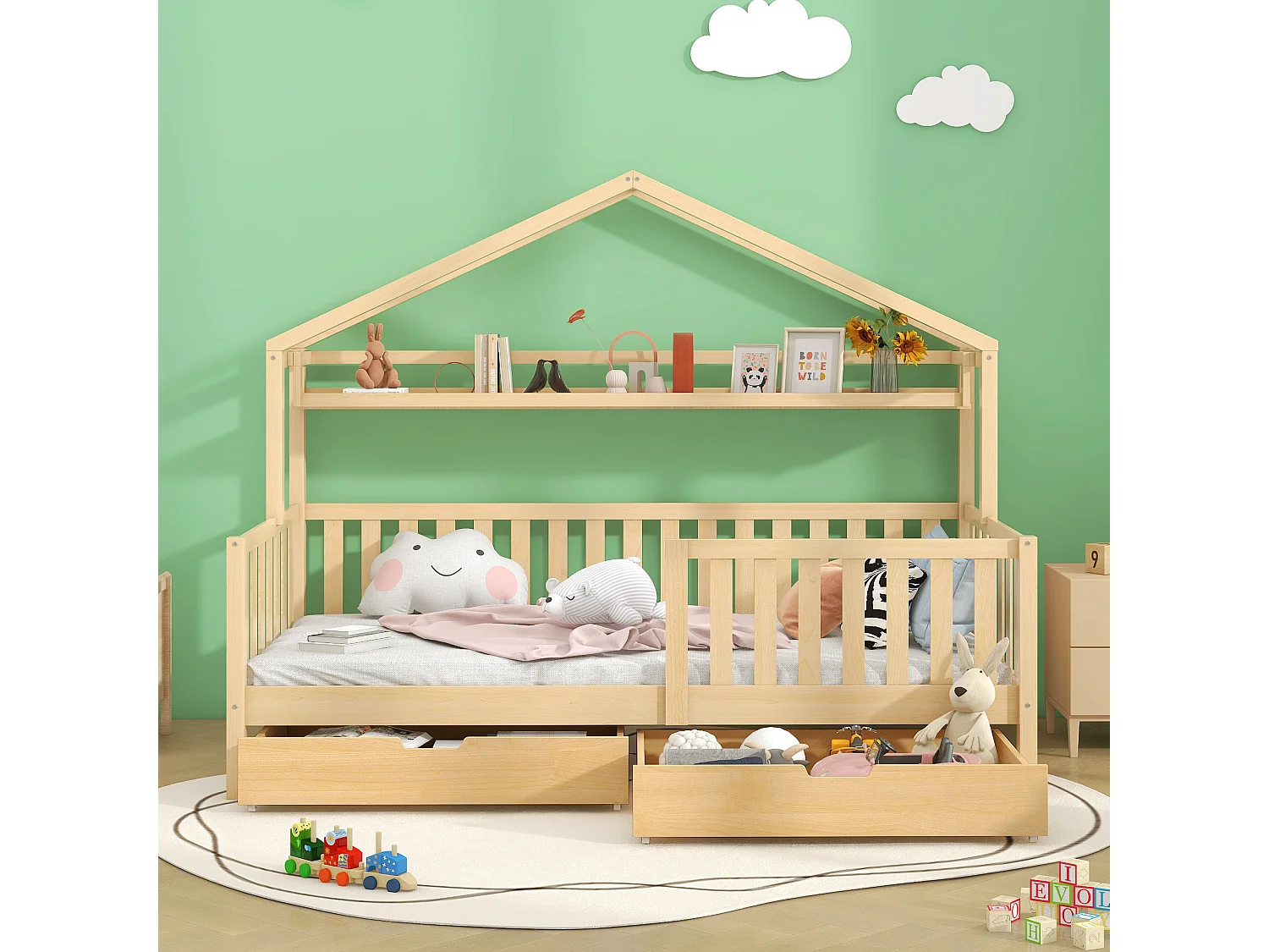 Huisbed 90x200 cm van massief grenenhout met 2 lades en lattenbodem, naturel