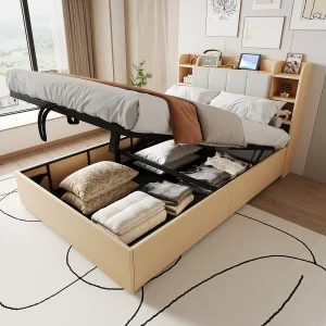 Hydraulisch bed 140×200 cm van MDF, naturel hout, met opbergruimte en USB/Type-C Hydraulisch bed 140×200 cm van MDF, naturel hout, met opbergruimte en USB/Type-C